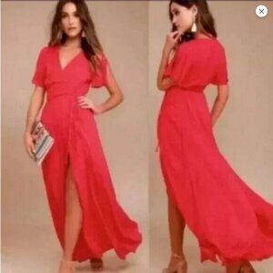 YFB Wrap Dress Pink Coral Feminine Romantic Ruffle 70s Prom High Low Tropical
